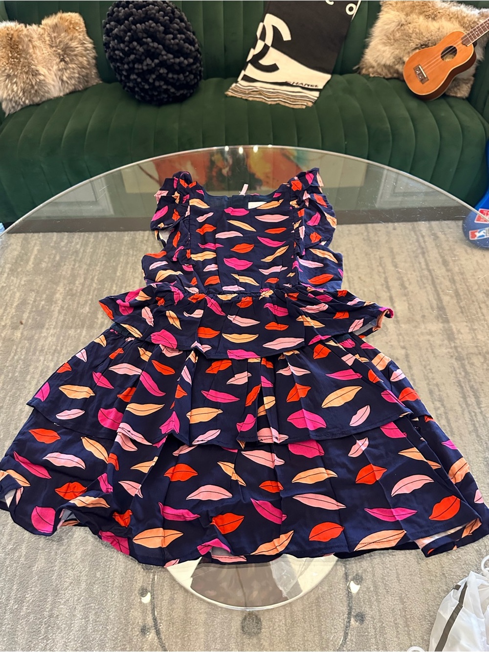 Girls Navy Lip-Print Ruffle Tiered Dress